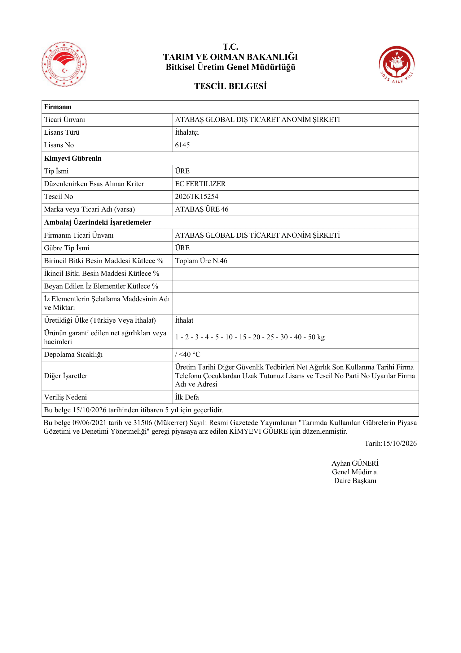 Urea Chemical Fertilizer Registration Certificate
